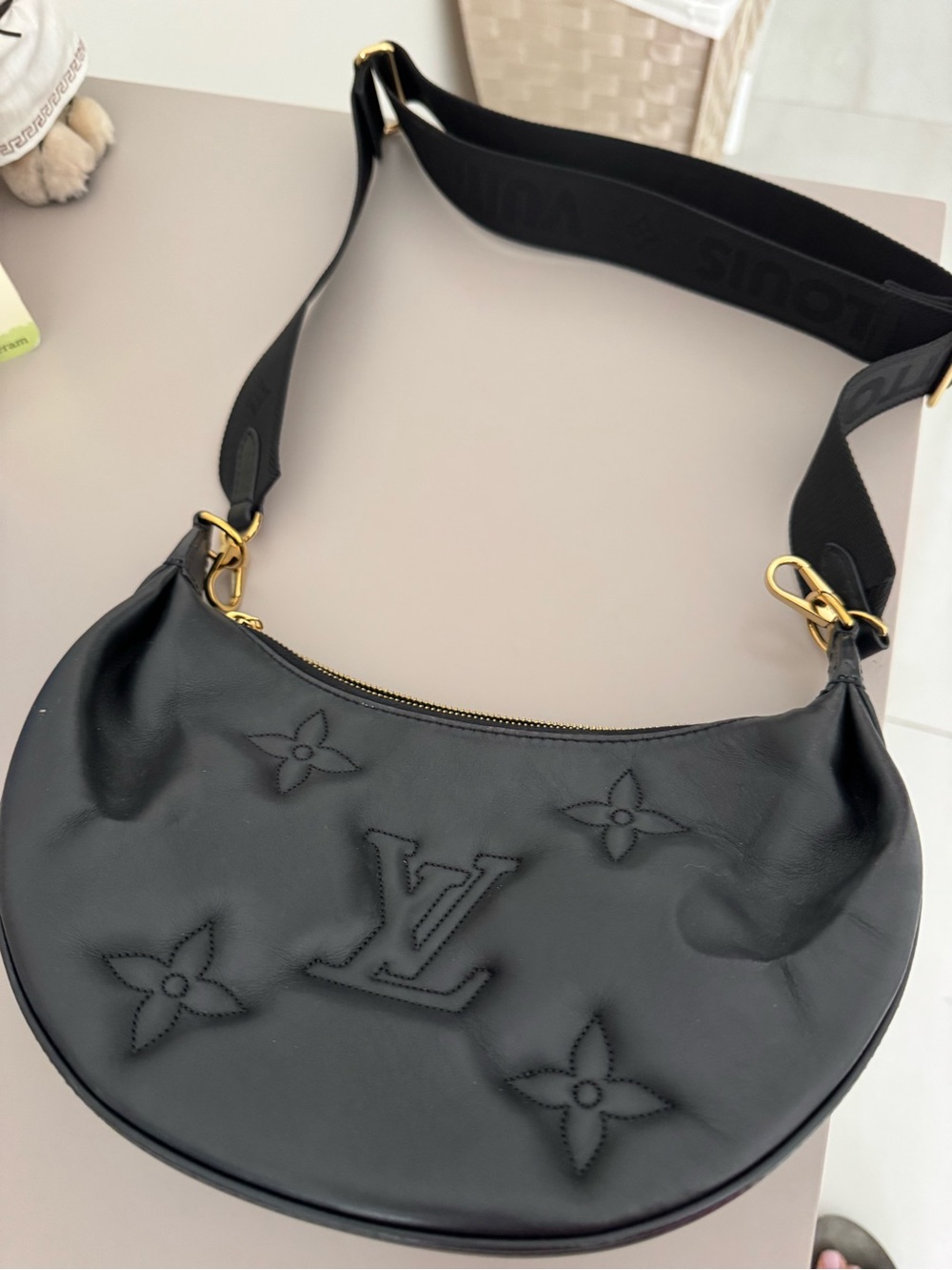 Louis Vuitton Black Embossed Crescent Shoulder Crossbody with Gold Hardware